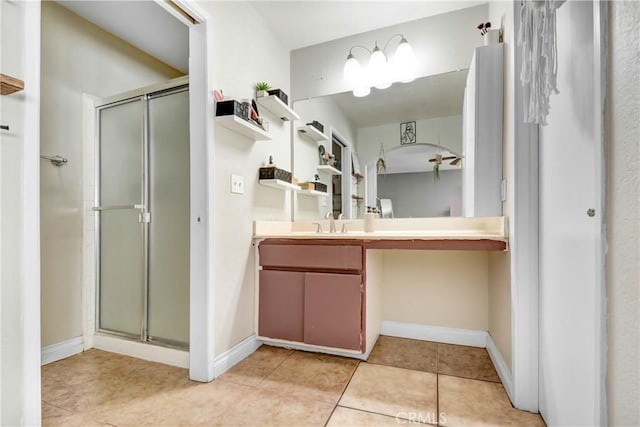 bathroom with vanity, tile patterned floors, and an enclosed shower