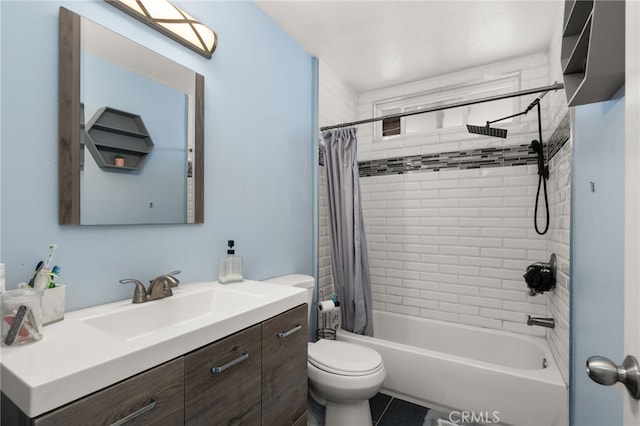 full bathroom featuring toilet, vanity, and shower / bathtub combination with curtain