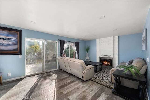 living room featuring a fireplace and hardwood / wood-style floors