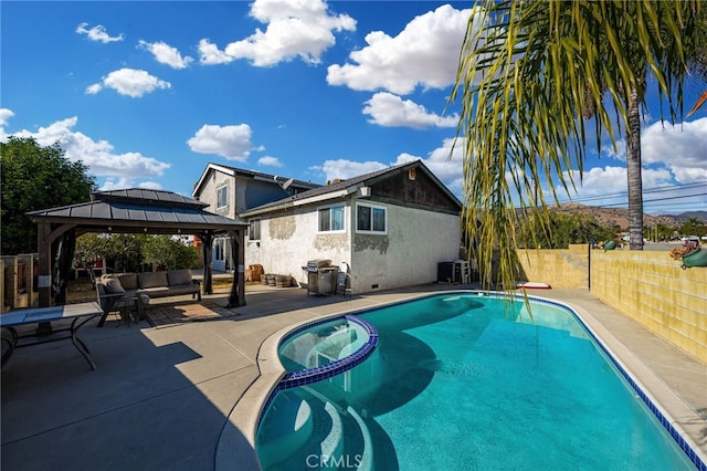 view of swimming pool featuring central AC unit, a gazebo, a diving board, and a patio