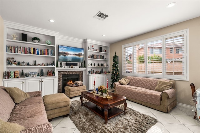 tiled living room with built in features