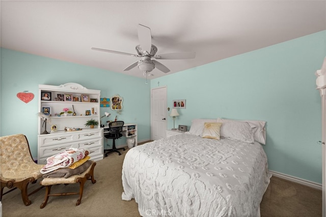 bedroom with ceiling fan and carpet