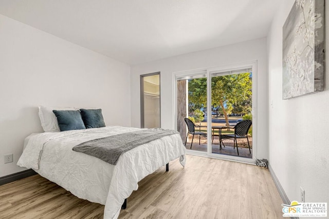 bedroom featuring access to outside, a walk in closet, a closet, and wood-type flooring