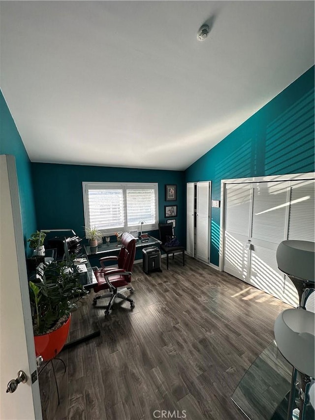home office featuring wood finished floors and vaulted ceiling
