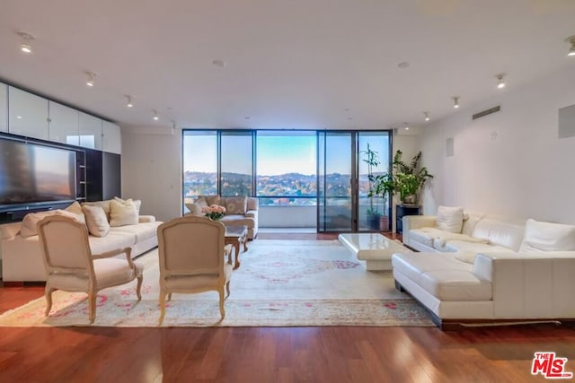 living room featuring a mountain view, hardwood / wood-style floors, and a wall of windows