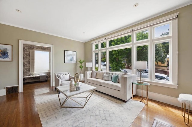 living room featuring ornamental molding, a healthy amount of sunlight, and light hardwood / wood-style flooring