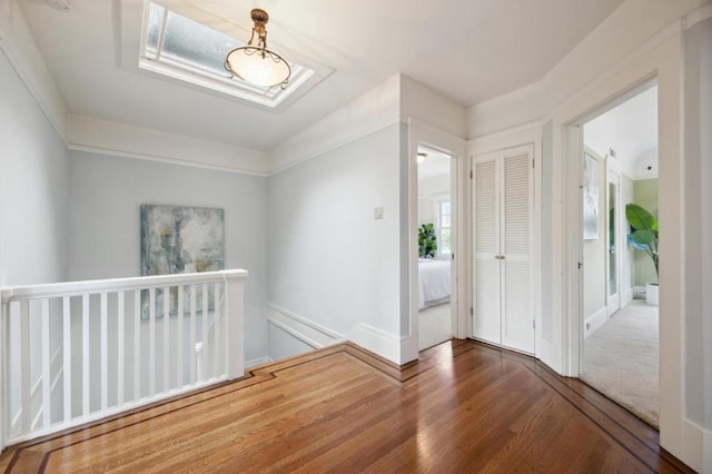 entrance foyer featuring dark wood-type flooring, a wealth of natural light, and a skylight