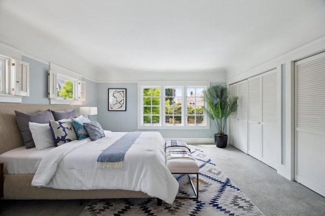 bedroom with multiple windows, carpet floors, and multiple closets