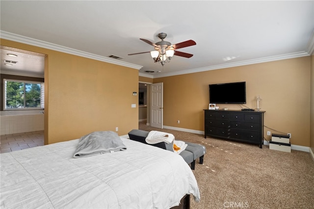 carpeted bedroom featuring ceiling fan and crown molding