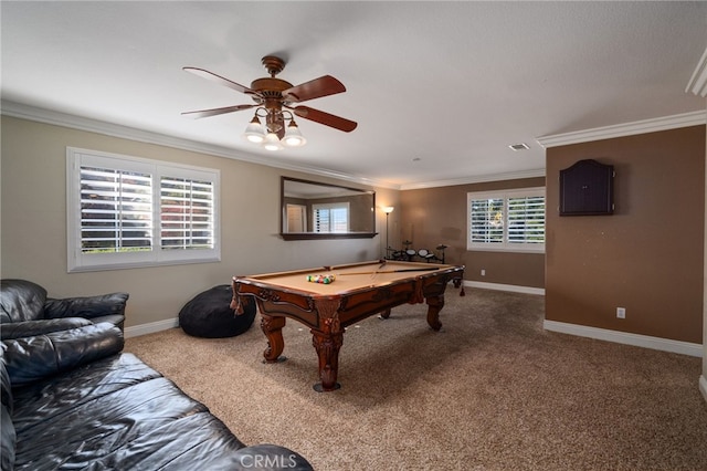 rec room featuring carpet floors, a wealth of natural light, crown molding, and billiards