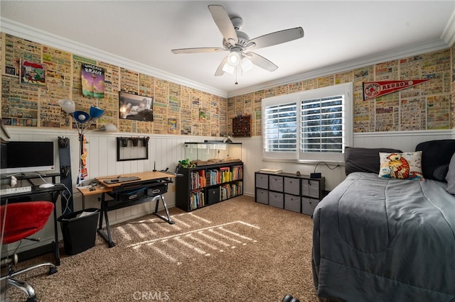 carpeted bedroom with ceiling fan and ornamental molding