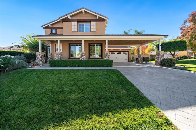 craftsman-style home with a front lawn, covered porch, and a carport