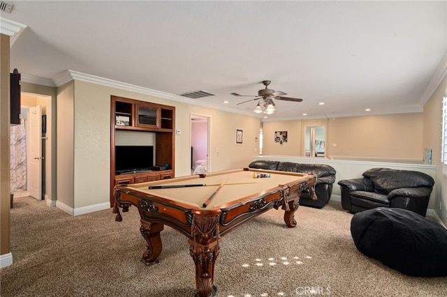 recreation room featuring carpet flooring, ceiling fan, ornamental molding, and pool table