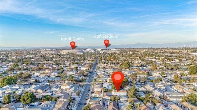 drone / aerial view featuring a mountain view