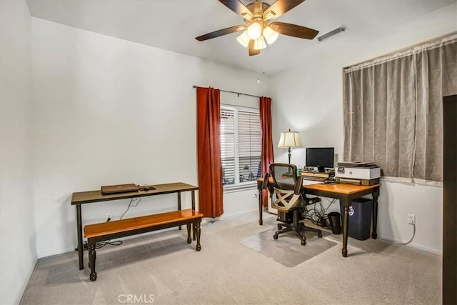 office featuring carpet floors and ceiling fan