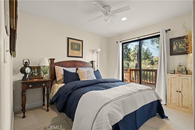 bedroom with light carpet, baseboards, access to exterior, and a ceiling fan