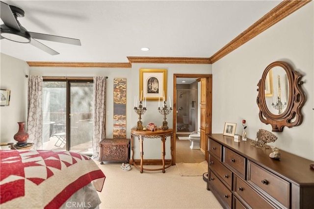 bedroom featuring a ceiling fan, ornamental molding, access to exterior, and light colored carpet