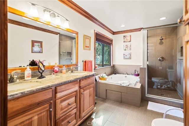 full bathroom with vanity, tile patterned floors, crown molding, toilet, and independent shower and bath