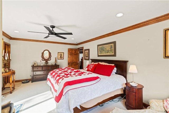 bedroom with crown molding, recessed lighting, carpet flooring, baseboards, and ceiling fan
