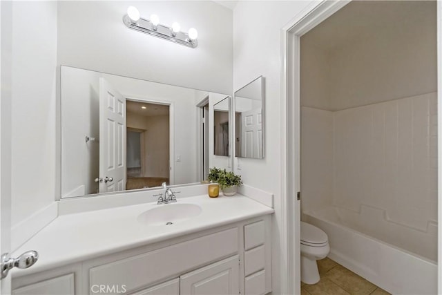 bathroom with toilet, tile patterned flooring, shower / tub combination, and vanity