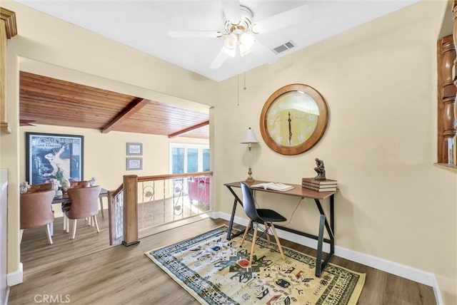 office area with ceiling fan, lofted ceiling with beams, wood ceiling, and light hardwood / wood-style flooring