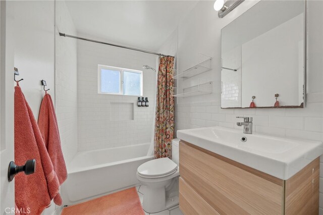 full bathroom featuring tile patterned flooring, toilet, decorative backsplash, shower / tub combo with curtain, and vanity