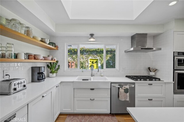 kitchen with appliances with stainless steel finishes, backsplash, wall chimney exhaust hood, sink, and white cabinetry