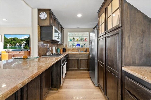 kitchen featuring backsplash, light hardwood / wood-style flooring, light stone countertops, dark brown cabinets, and stainless steel appliances