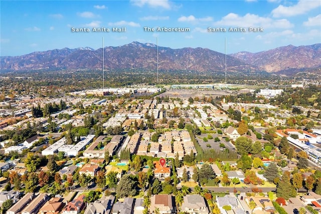 drone / aerial view featuring a mountain view