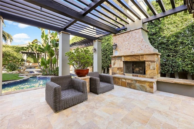 view of patio / terrace with a pergola and an outdoor stone fireplace