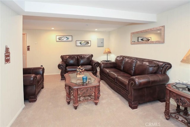 living room featuring electric panel and light carpet