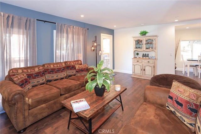 living room with dark hardwood / wood-style flooring