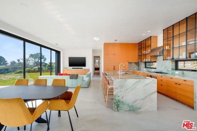 kitchen with a wealth of natural light, decorative backsplash, an island with sink, and stainless steel gas stovetop