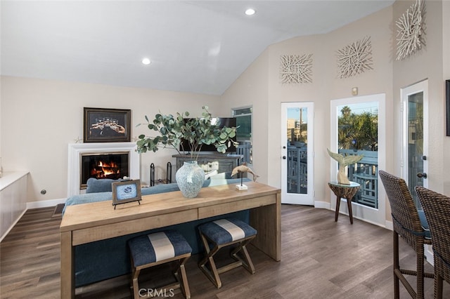 office featuring dark hardwood / wood-style flooring and high vaulted ceiling