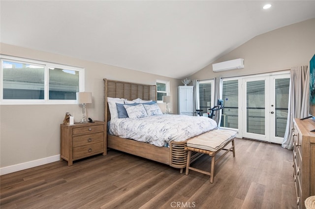 bedroom featuring access to exterior, french doors, dark hardwood / wood-style flooring, a wall unit AC, and lofted ceiling