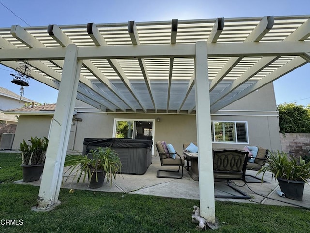 view of patio featuring an outdoor hangout area, a pergola, and a hot tub