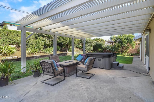 view of patio with a pergola, a fire pit, and a hot tub