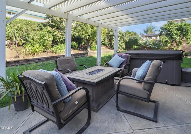 view of patio featuring a pergola, a hot tub, and a fire pit