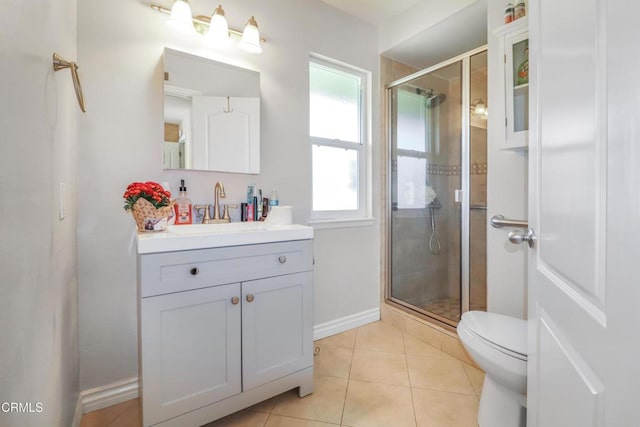 bathroom with tile patterned flooring, vanity, toilet, and walk in shower