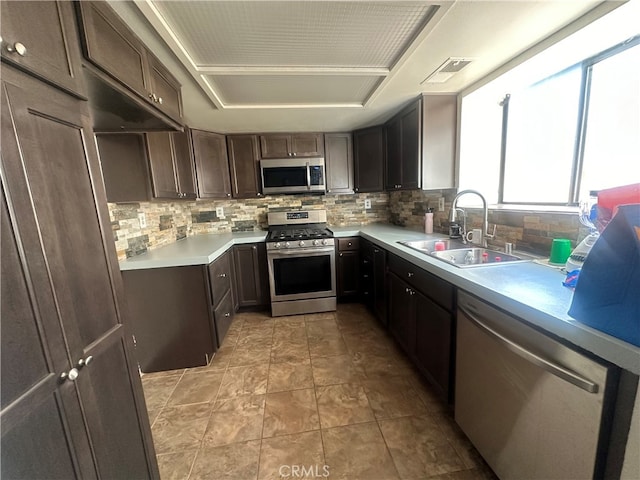 kitchen with decorative backsplash, sink, dark brown cabinetry, and stainless steel appliances