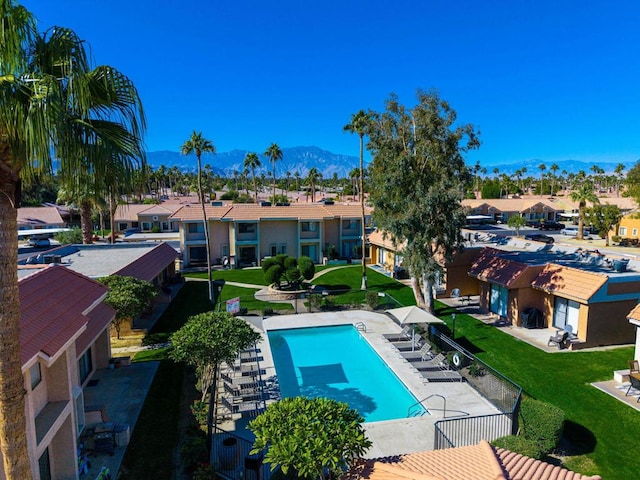 view of pool featuring a mountain view and a patio