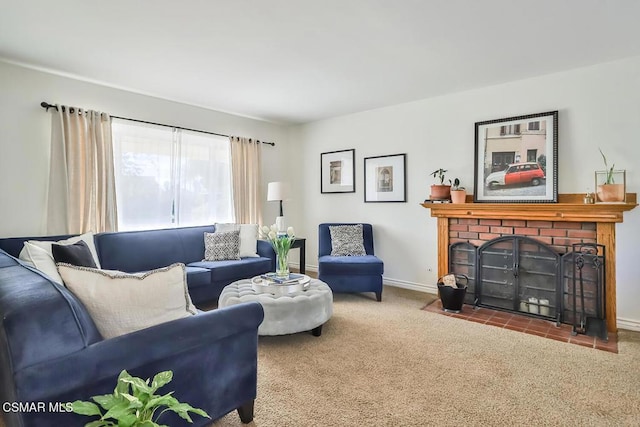 living room with carpet flooring and a fireplace