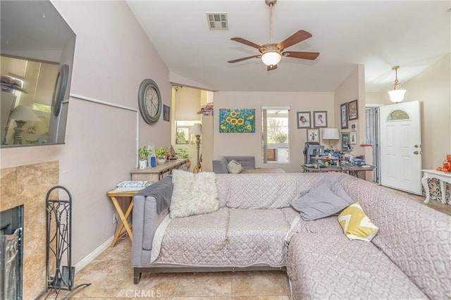 living room with ceiling fan