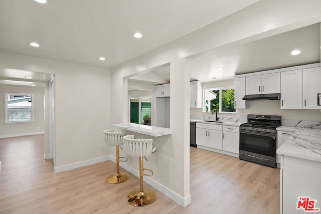 kitchen featuring gas stove, light stone counters, white cabinetry, and sink