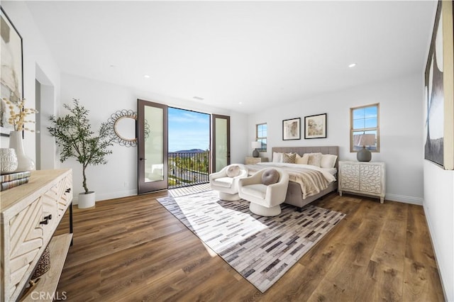 bedroom with dark hardwood / wood-style floors, access to exterior, and multiple windows