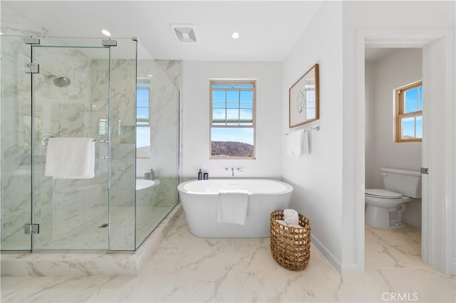 bathroom with separate shower and tub, toilet, and a wealth of natural light