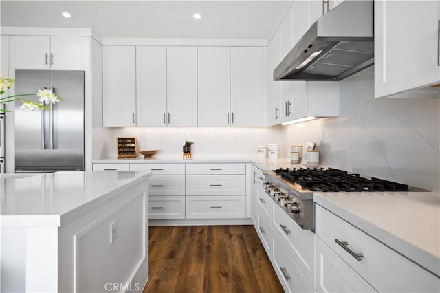 kitchen with dark wood-type flooring, ventilation hood, decorative backsplash, appliances with stainless steel finishes, and white cabinetry