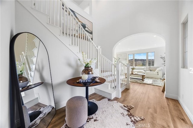 foyer featuring a towering ceiling and hardwood / wood-style flooring