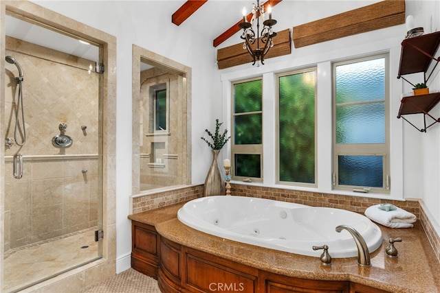 bathroom with tile patterned floors, lofted ceiling, plus walk in shower, and an inviting chandelier