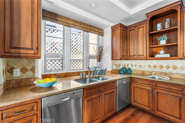 kitchen with dishwasher, dark hardwood / wood-style floors, sink, and tasteful backsplash